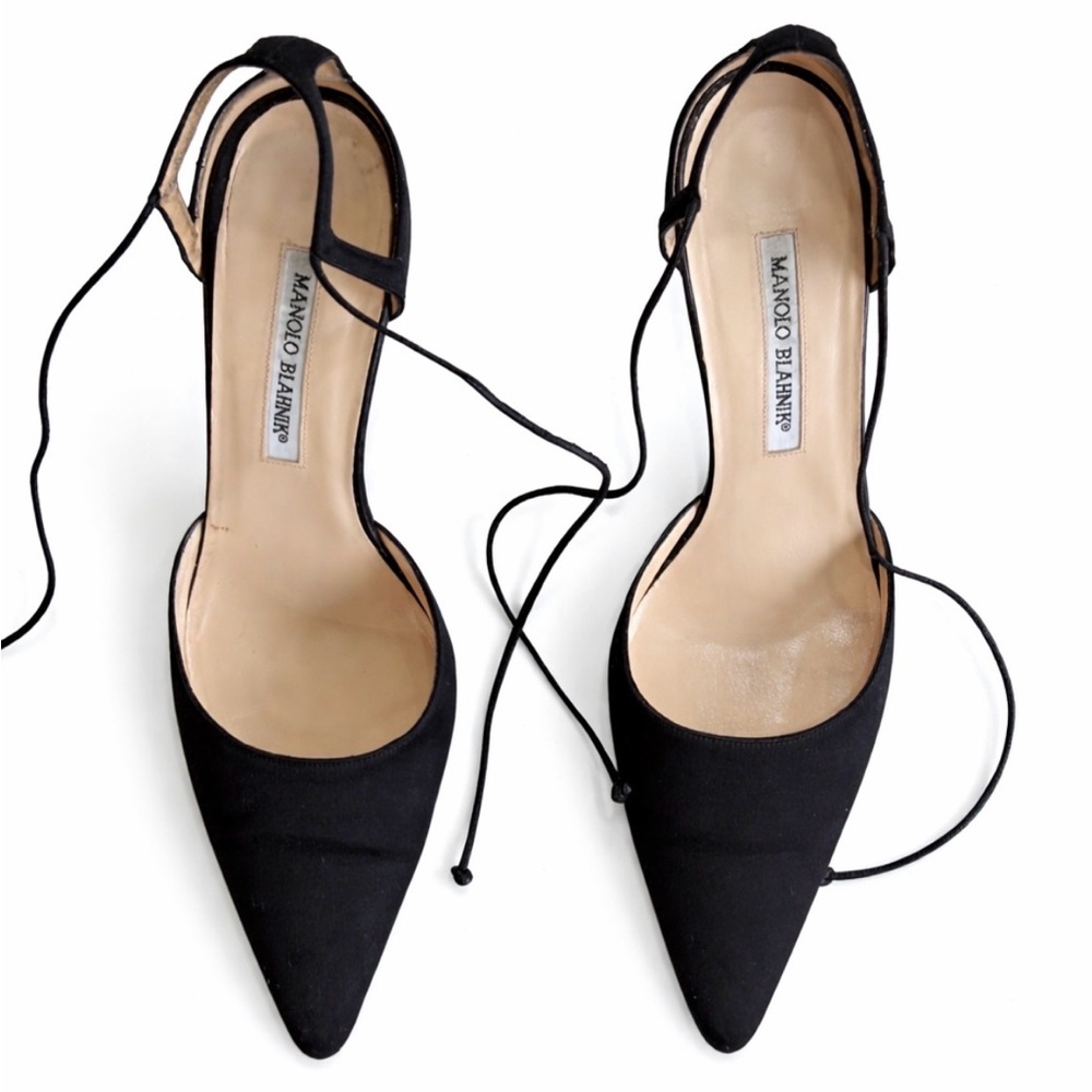 Manolo Blahnik Zaman 70 Black satin Ankle Tie Pumps – 39.5 • Dust Bag - Picture 6 of 11
